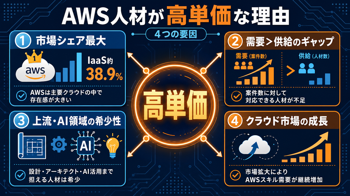 AWS人材が高単価になる4つの理由を示した図