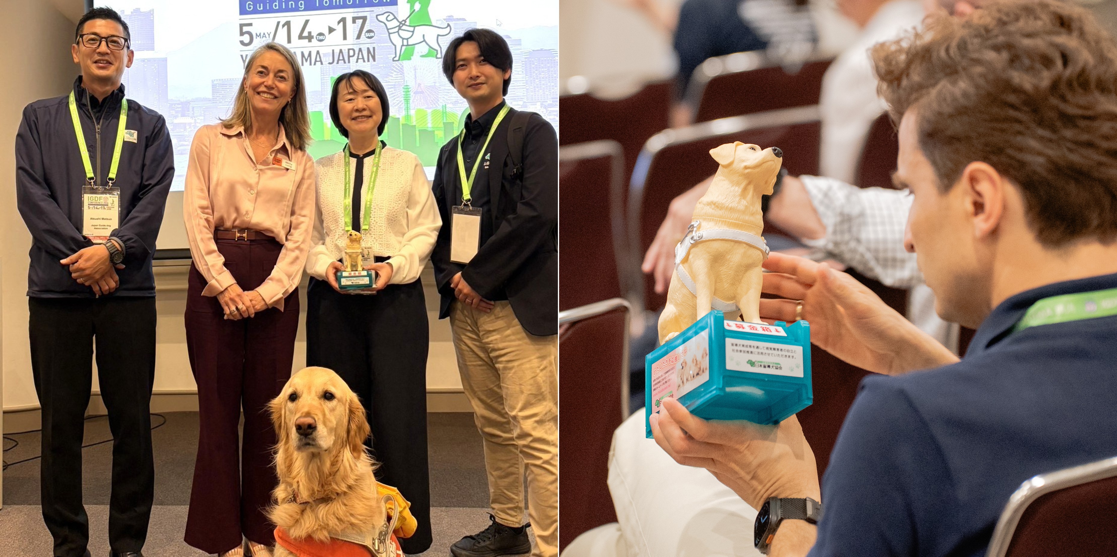Picture on left :  Ms. Aiko Matsubayashi during the presentation picture on right : man holding the dog shaped donation box from Japan Guide Dog Assocation