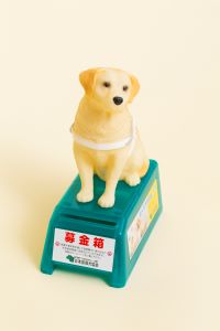 The donation box is designed to have a yellow labrador in a harness sitting on the box.