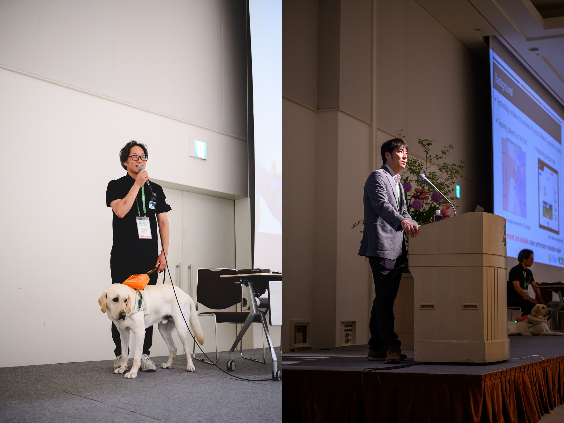 Picture on left: Shinji Tanaka demonstrating during his presentation walking with guide dog  Picture on right Dr Makino speaking at the podium