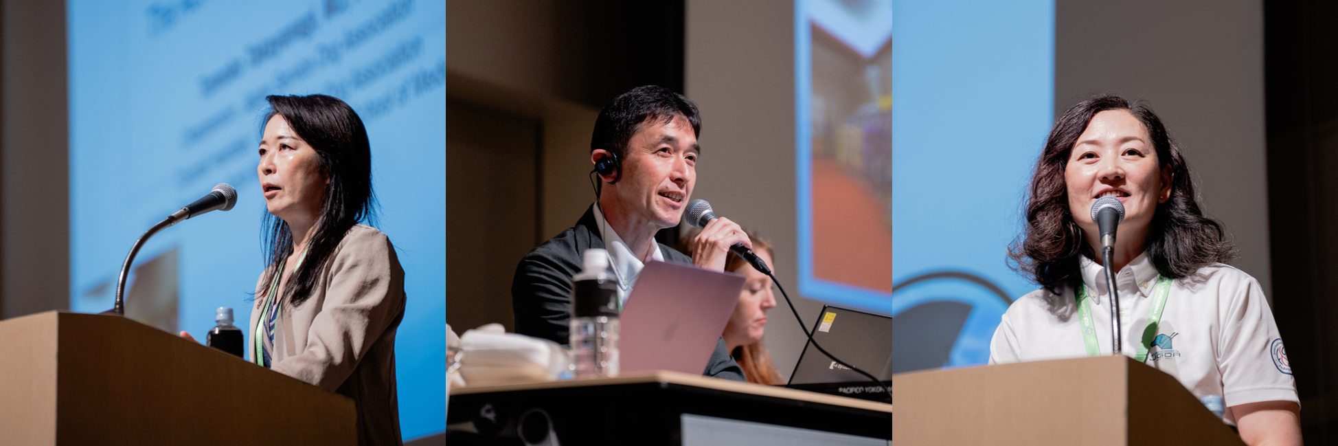 Picture of 3 speakers, Dr Takayanagi, Mr Yamaguchi and Ms Inoue speaking to the audience 
