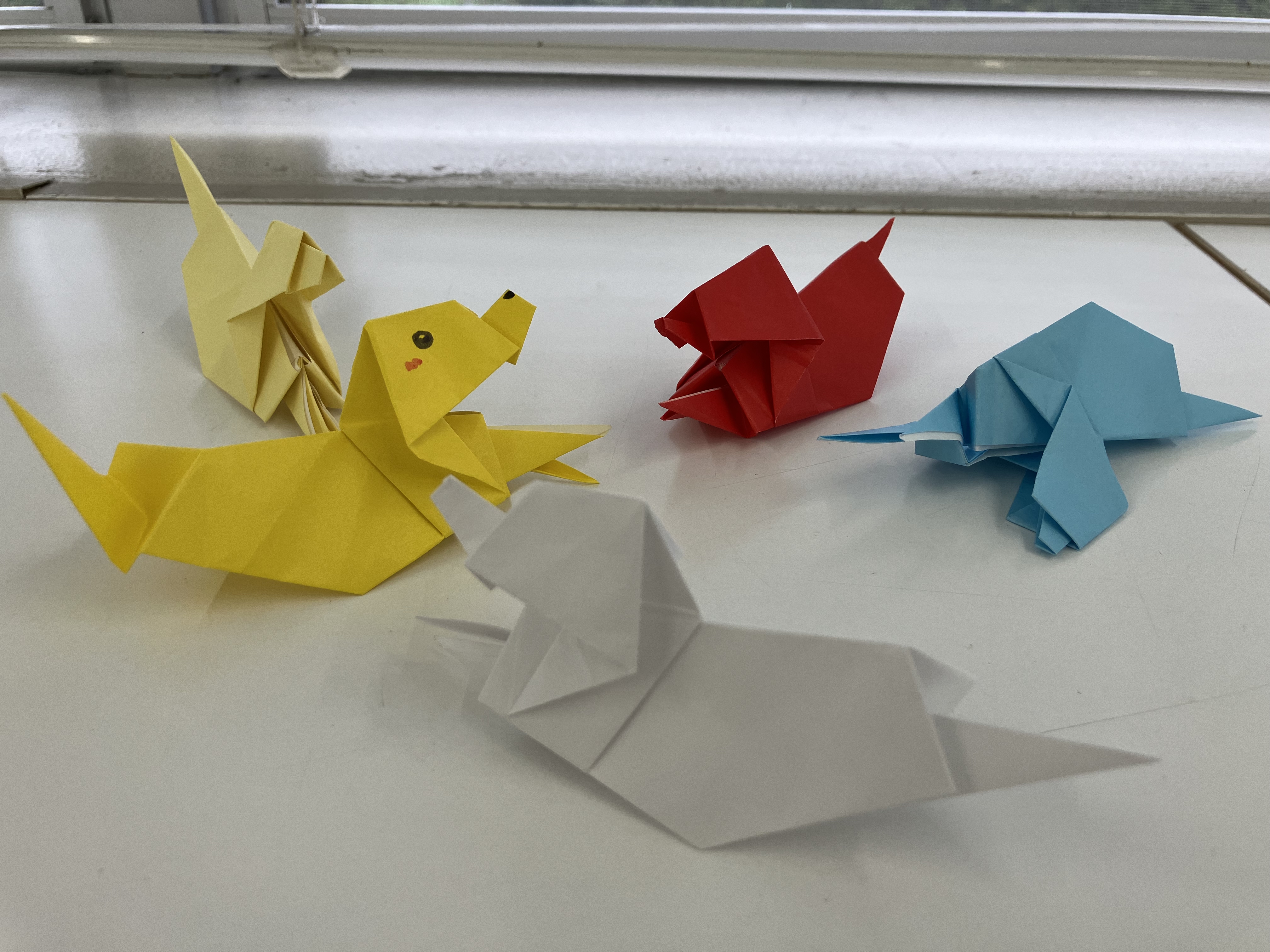 Origami guide dogs with various expressions and colours