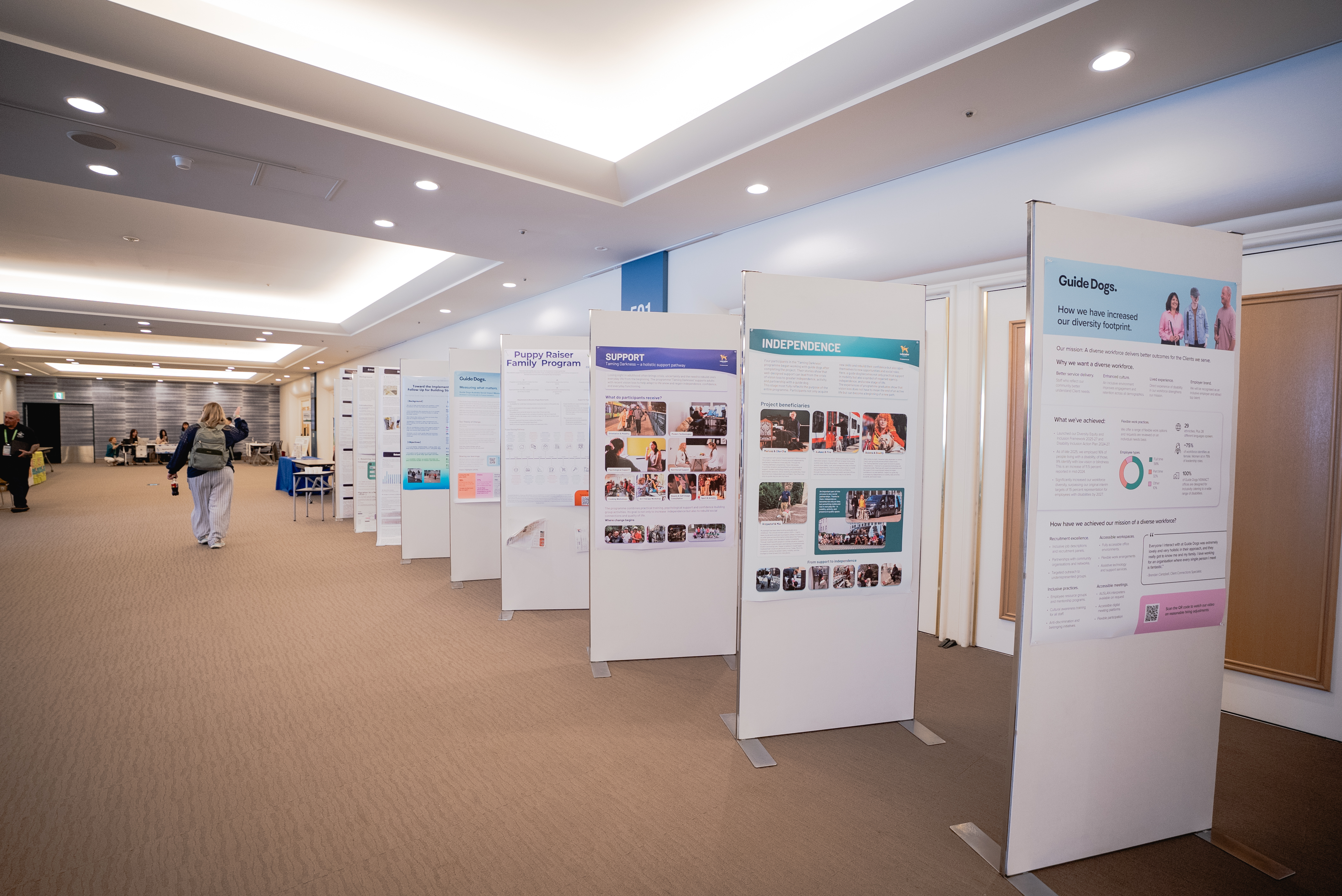 Posters lined up in the hallway of the conference center 