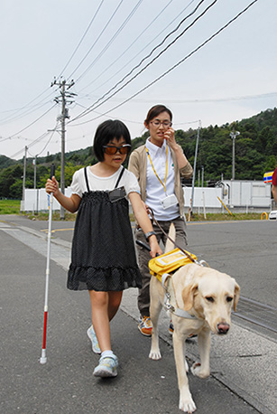 A girl with a long cane is doing a trial walk with a guide dog.