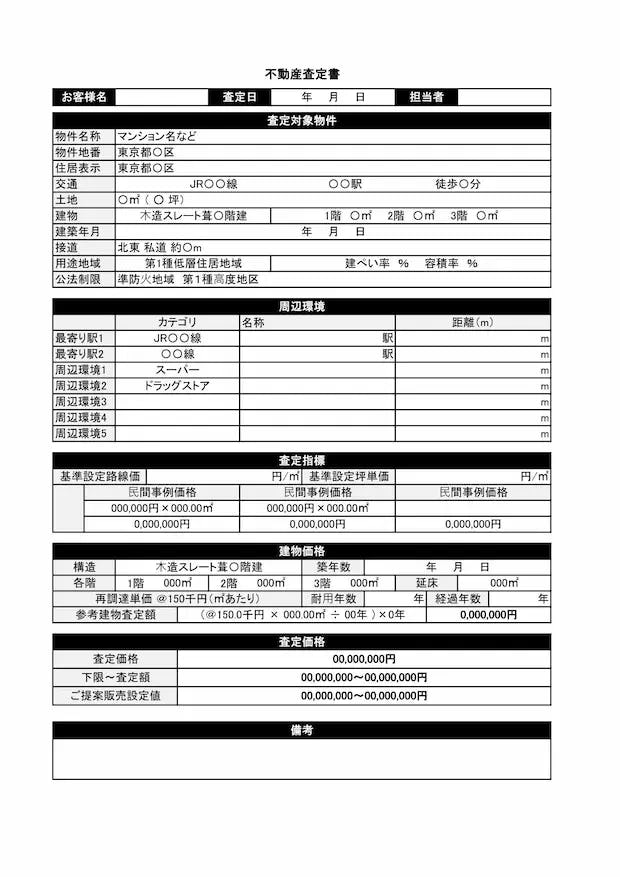 不動産査定書のテンプレートの画像