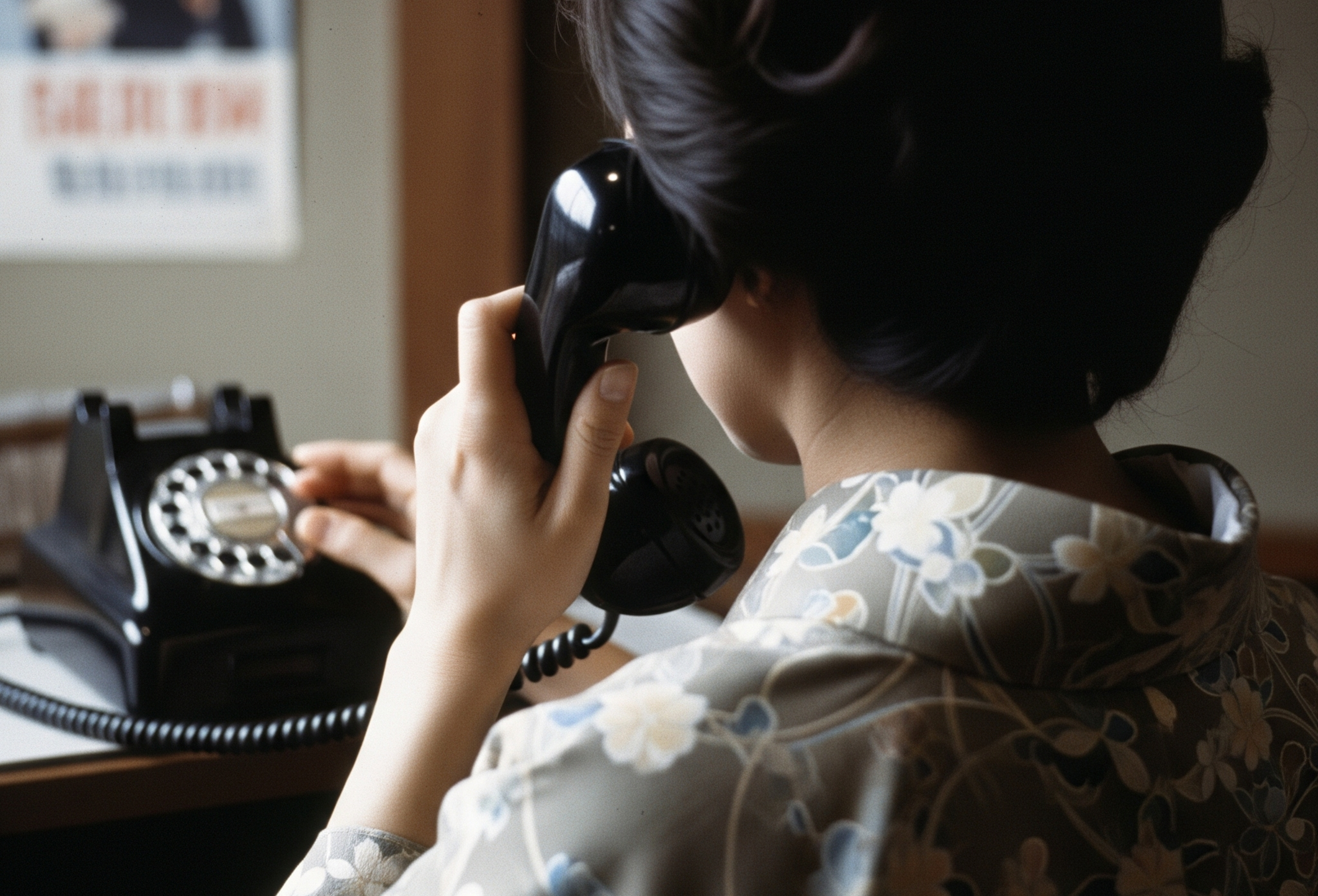黒電話で電話をかける女性のイメージ画像