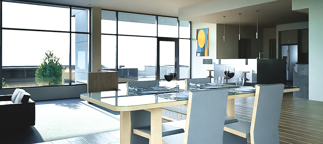Twinmotionを使用したビジュアライゼーションのイメージ。窓から光が差し込んでいて、ガラスのダイニングテーブルとソファとラグがあり、奥にキッチンが見えるリビングの画像