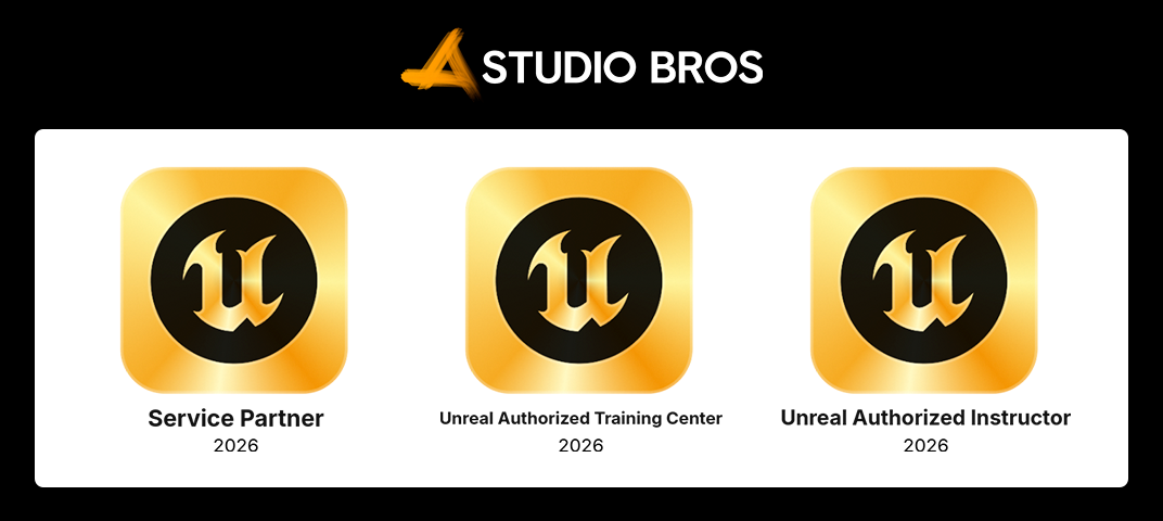 Unreal Engine 公式パートナーバッジ3種 — Service Partner 2026、Training Partner 2026、Instructor Partner 2026（ゴールド）