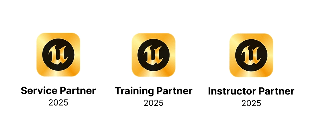 2025年にEpic Gamesより認定された、3つのGoldバッジ。左から、Unreal Engine Service Partner、Unreal Authorized Training Center、Unreal Authorized Instructor。
