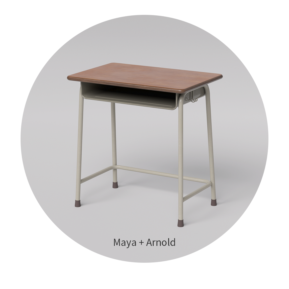 Maya+Arnoldで作成された学校机の3DCGデータのレンダリングプレビュー画像