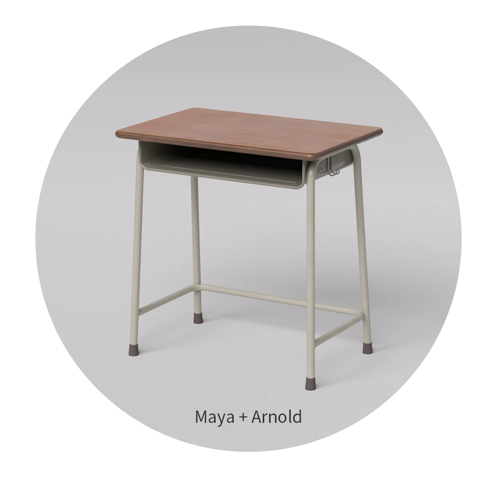 Maya+Arnoldで作成された学校机の3DCGデータのレンダリングプレビュー画像