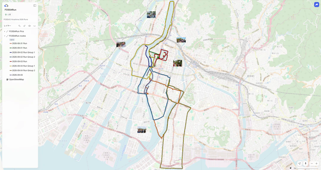 MIERUNEのメンバーが参加した「FOSS4Run」のログデータをKumoyのマップ化したもの