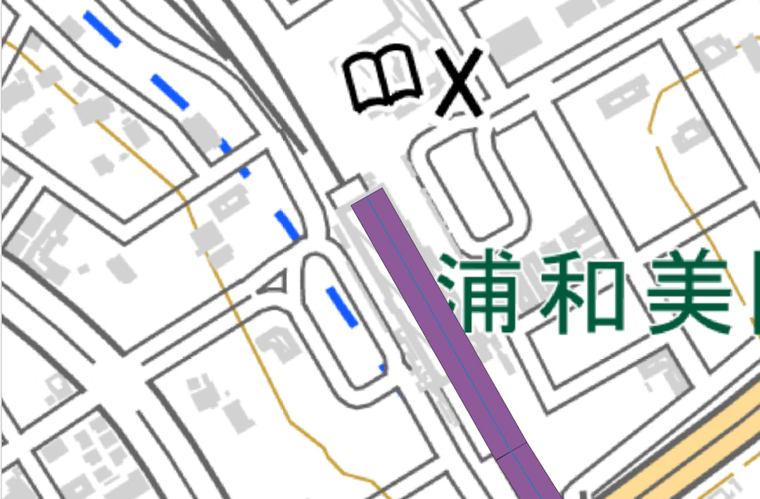 線の先端スタイルを［Flat］にしてバッファを作成した（バッファは紫色。青い線はもとの線）