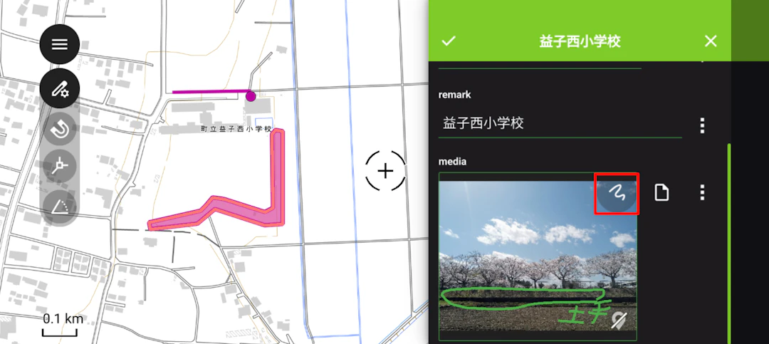 画像に注釈を追加した状態(地理院タイルを加工して作成)