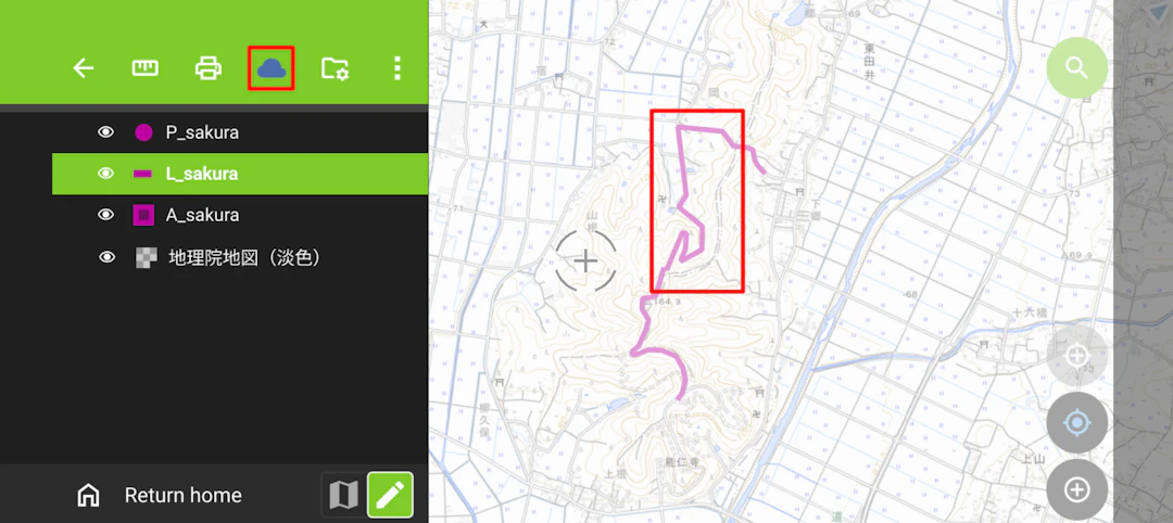 QGISで編集した地物がQFieldで反映された(地理院タイルを加工して作成)