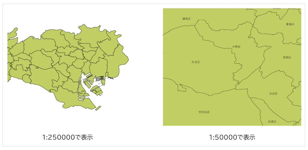 縮尺が1:100000より小さい場合はラベルが表示されるようになった（「国土数値情報（行政区域データ）」（国土交通省）を加工して作成）