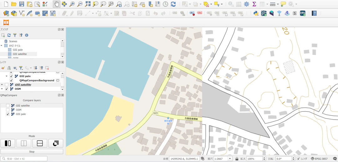 OpenStreetMapと地理院地図の建物データをスプリット表示で比較（©︎OpenStreetMap contributors、地理院タイルを加工して作成）