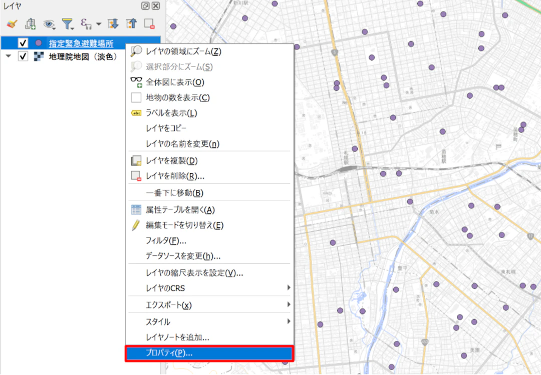 札幌市街の指定緊急避難場所を表示している(地理院タイルを背景として利用し、指定緊急避難場所データ(国土地理院)を加工して作成)