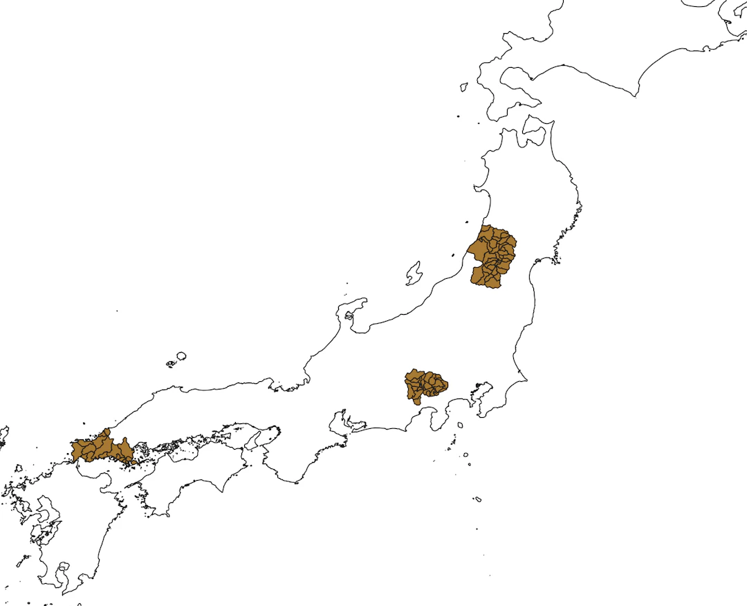 Yamagata Ken、Yamanashi Ken、Yamaguchi Kenが表示される。（地球地図日本（国土地理院）を加工して作成）