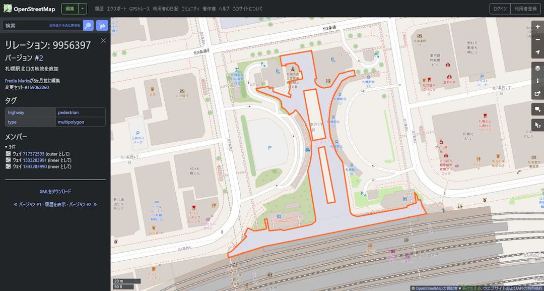 リレーション(歩道)の例(©OpenStreetMap contributors)