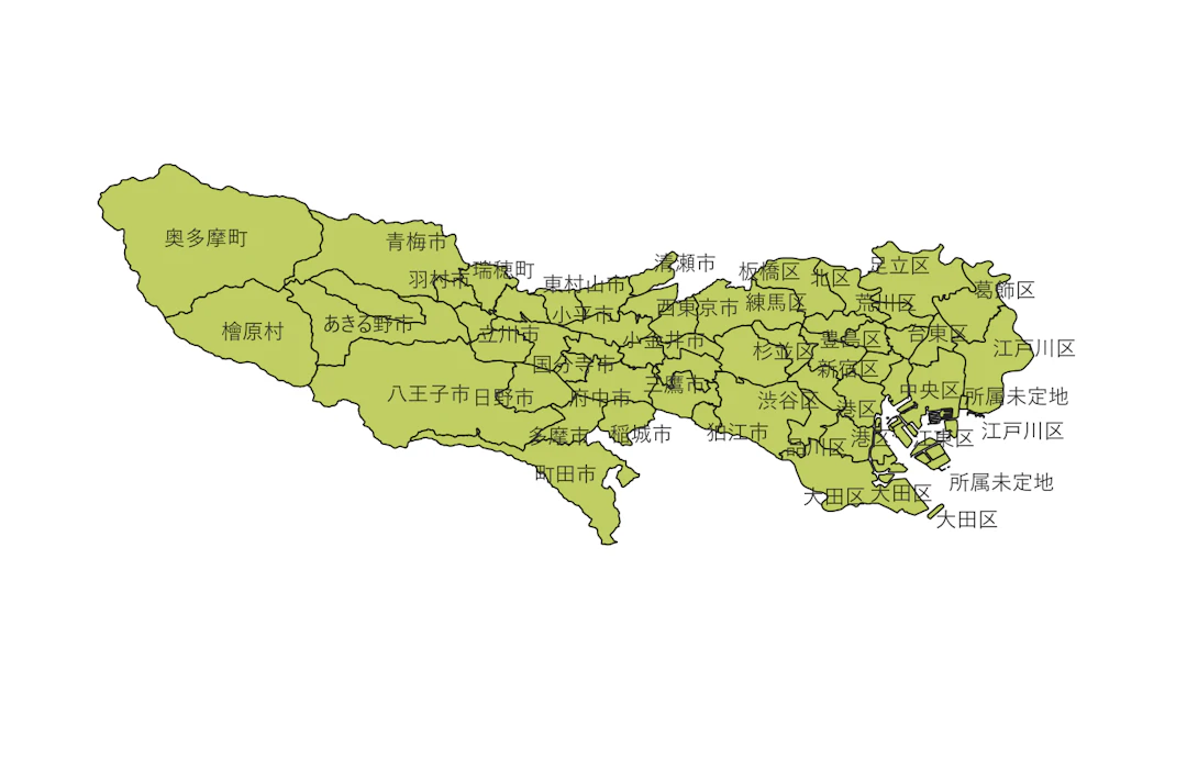 高縮尺にするとラベルのせいで見づらい地図になってしまう（「国土数値情報（行政区域データ）」（国土交通省）を加工して作成）