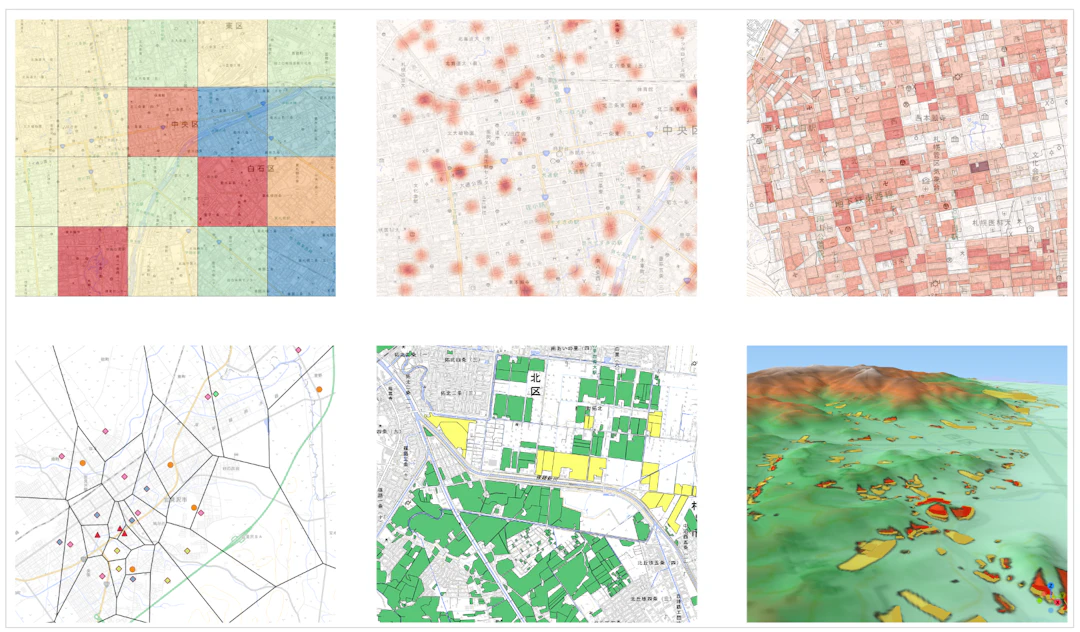 GISでのデータの可視化事例（基盤地図情報（国土地理院）、地理院タイル（国土地理院）、「国勢調査 2020年調査結果」（総務省）、「国土数値情報（土砂災害警戒区域データ）」（国土交通省）、「筆ポリゴンデータ（2021年度公開）」（農林水産省）を加工して作成）