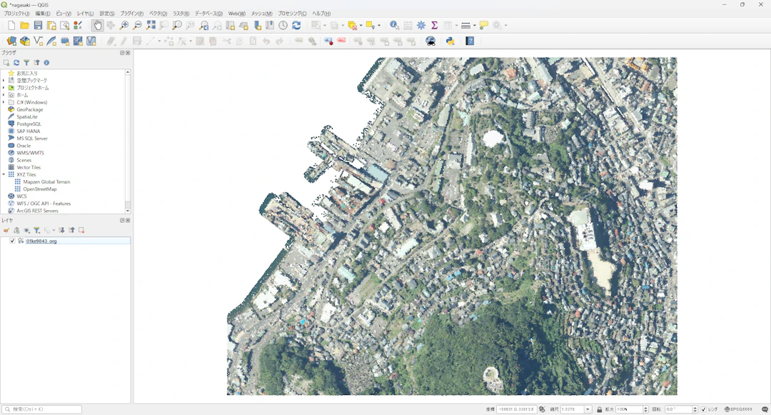 マップキャンバスに点群データが表示された（オープンナガサキ 点群データ（長崎県）を加工して作成）