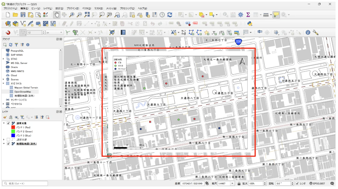 他のレイヤと重なって、GeoPDFが表示されている(地理院タイルを背景にして作成)
