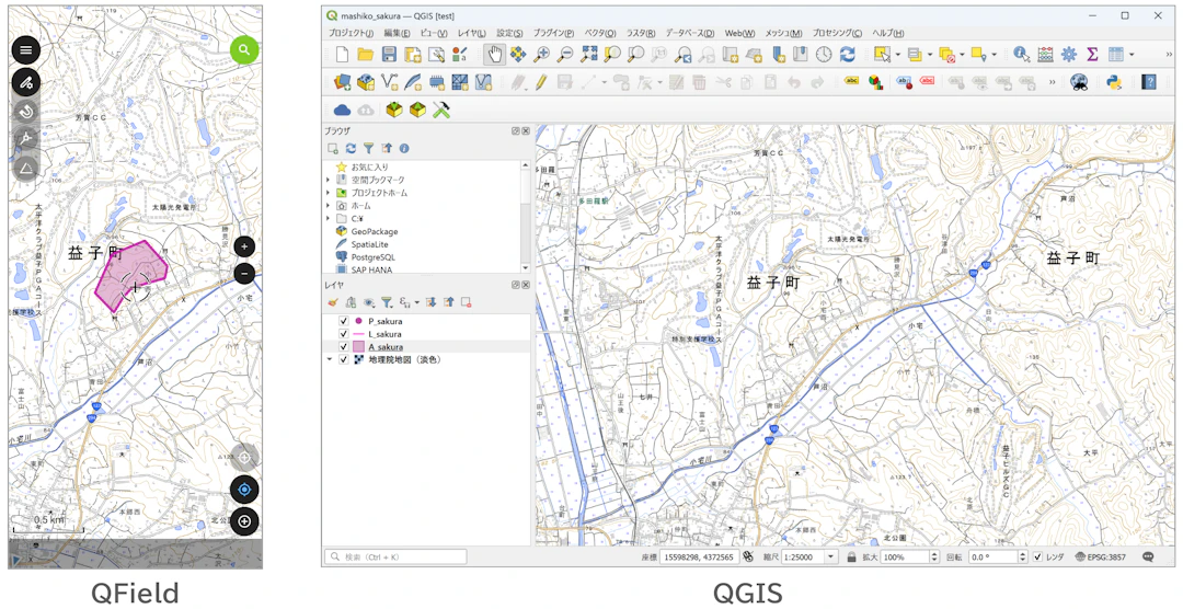 QField上で追加した地物がQGISの元のプロジェクトに含まれていない(地理院タイルを加工して作成)