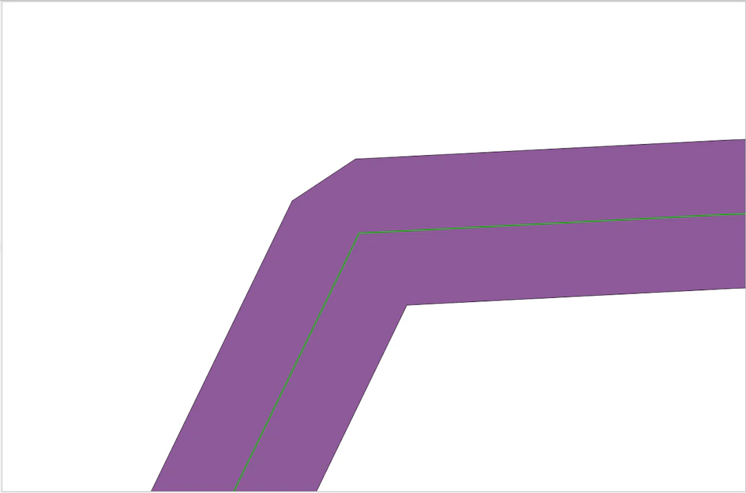 Bevelを選択した例。線の外側は二段階で折れ曲がっており、内側は線と並行に折れ曲がっていることがわかる（バッファは紫色。緑の線はもとの線）