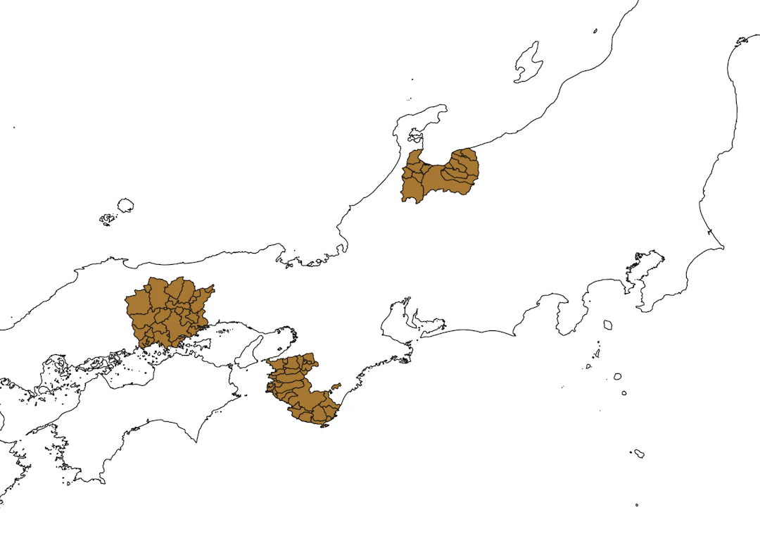 Toyama Kenのほか、Okayama KenやWakayama Kenも表示される。（地球地図日本（国土地理院）を加工して作成）