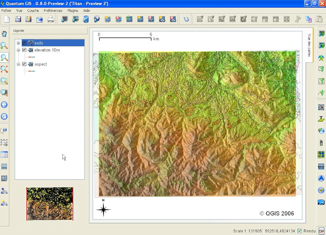 Quantum GIS(QGIS) 0.8.1 TITANのマップ画面 https://portailsig.org/content/presentation-de-qgis-080-titan.html