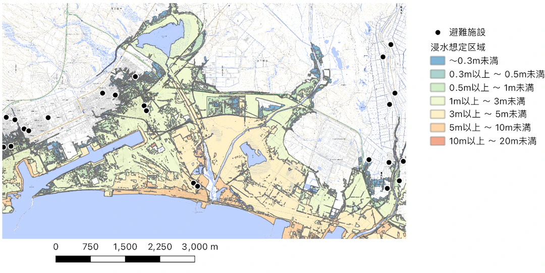 ハザードマップの例（地理院タイルを背景に、「国土数値情報（津波浸水想定データ）」（国土交通省）を加工して作成）