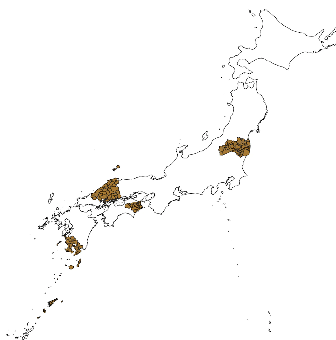 Fukushima Ken、Shimane Ken、Hiroshima Ken、Tokushima Ken、Kagoshima Kenが表示される。（地球地図日本（国土地理院）を加工して作成）