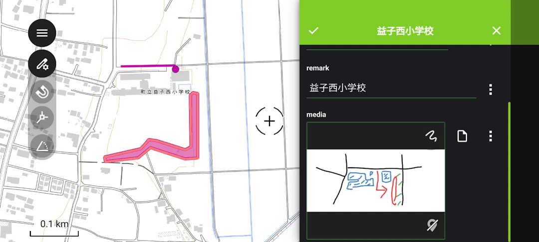 スケッチが添付された状態(地理院タイルを加工して作成)