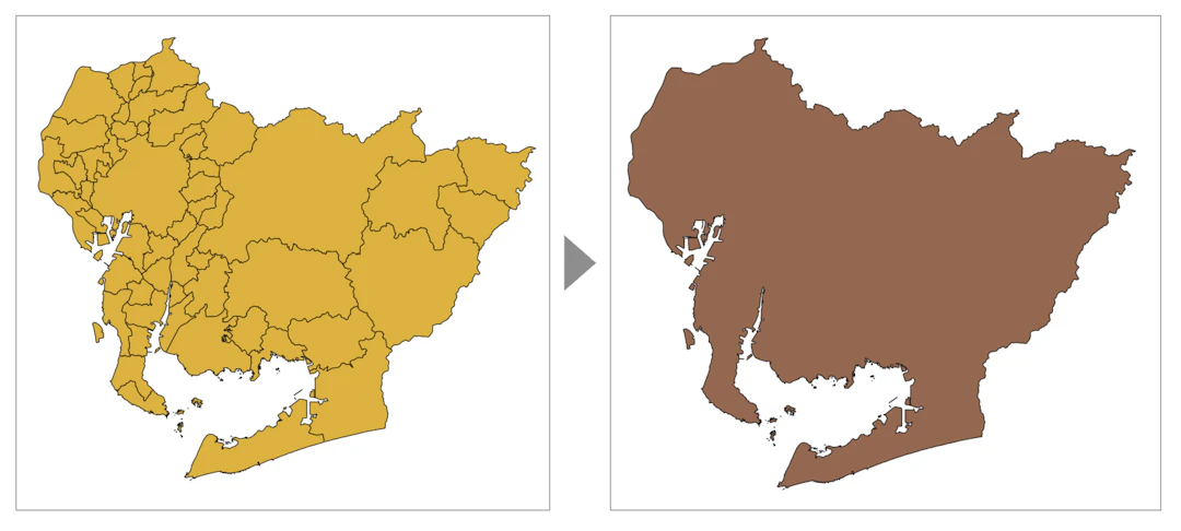 市区町村ポリゴンを都道府県にディゾルブした結果