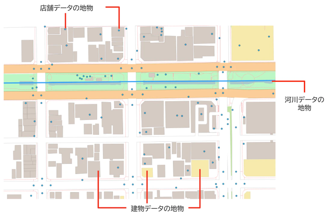 1つ1つののオブジェクトのことを地物という（OpenStreetMapを使用して作成（©OpenStreetMap contributors））