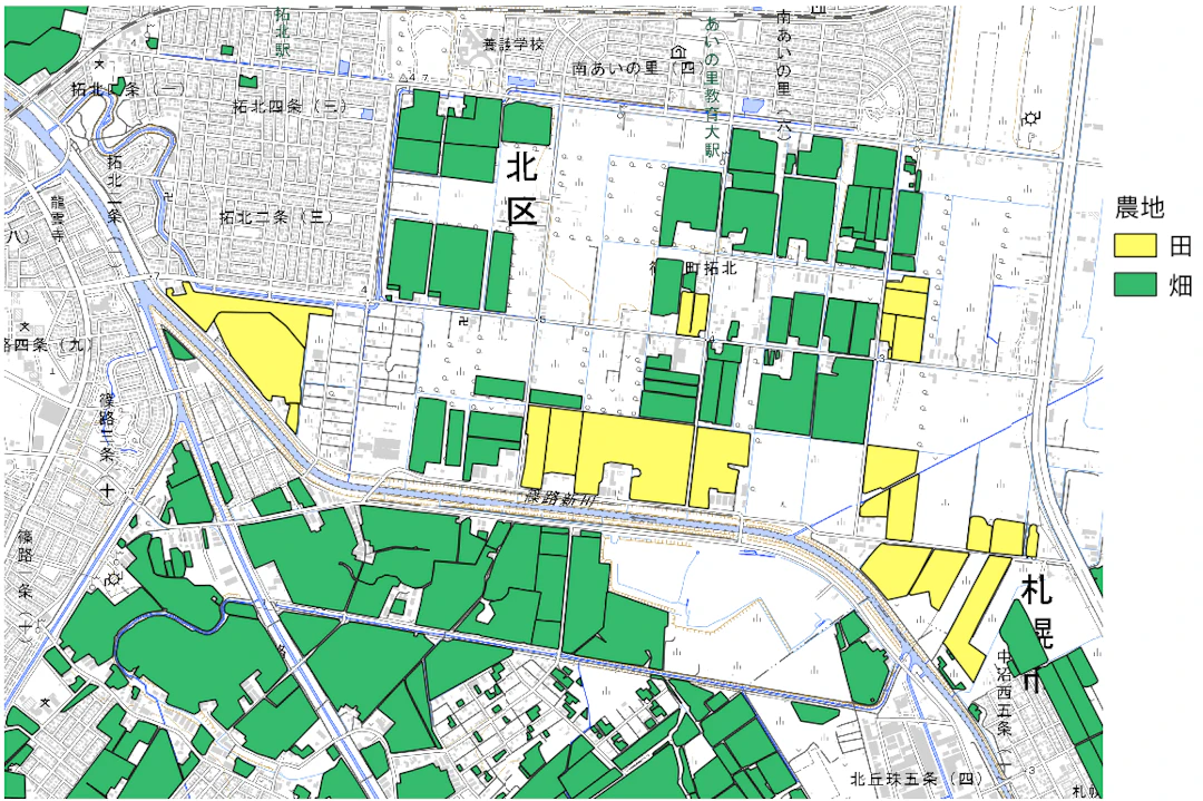 農地の管理用マップ　（「筆ポリゴンデータ（2021年度公開）」（農林水産省）を加工して作成）