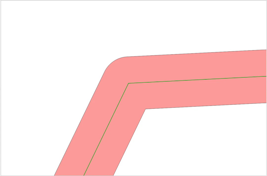 丸めを選択した例。線の外側が丸まっており、内側は線と並行に折れ曲がっていることがわかる（バッファはピンク色。緑の線はもとの線）