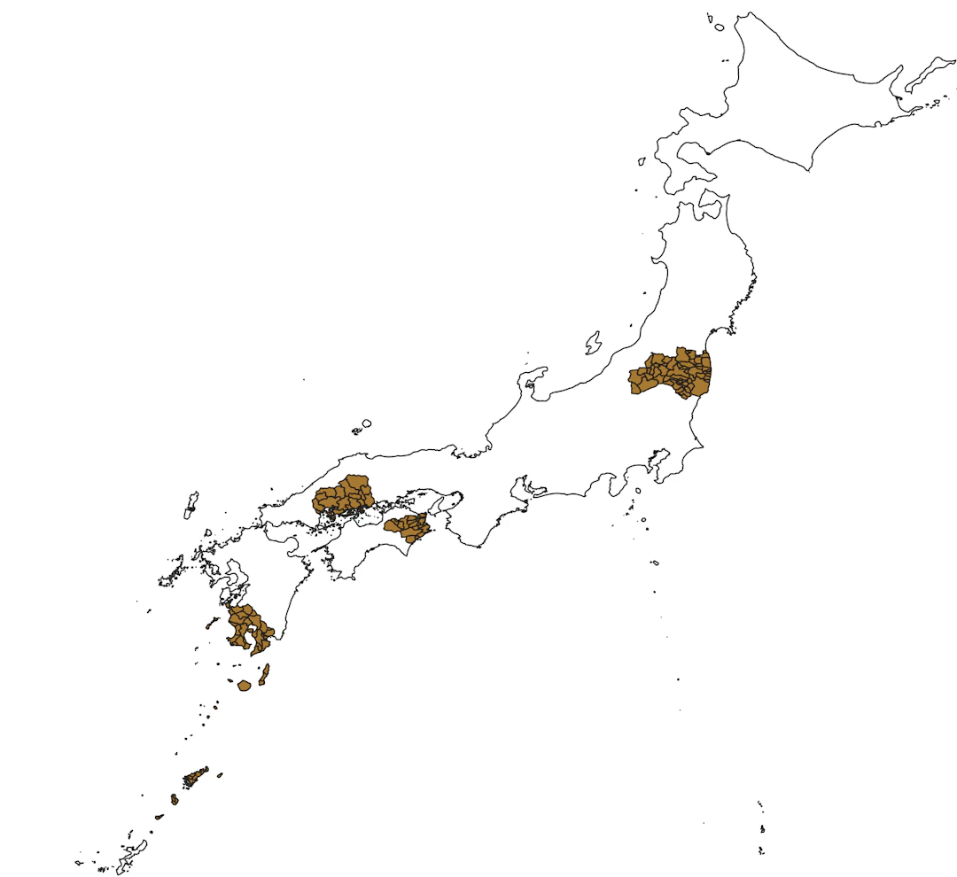 Fukushima Ken、Hiroshima Ken、Tokushima Ken、Kagoshima Kenが表示される。（地球地図日本（国土地理院）を加工して作成）