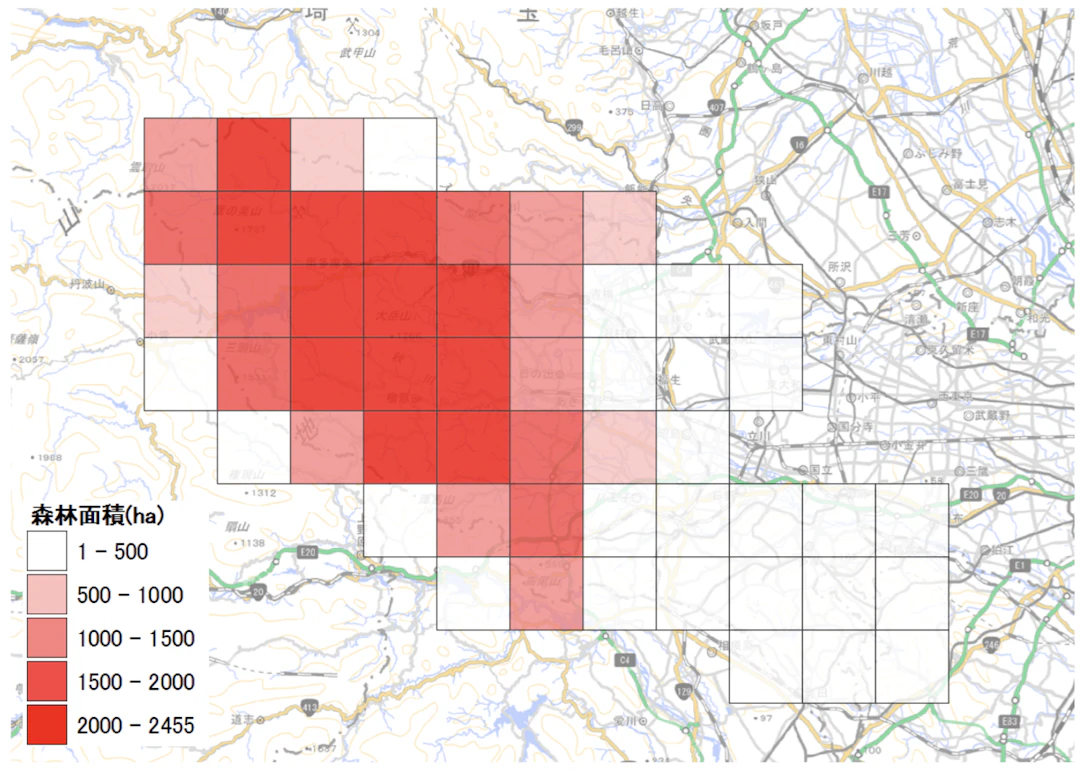 各グリッド内の森林面積の集計結果