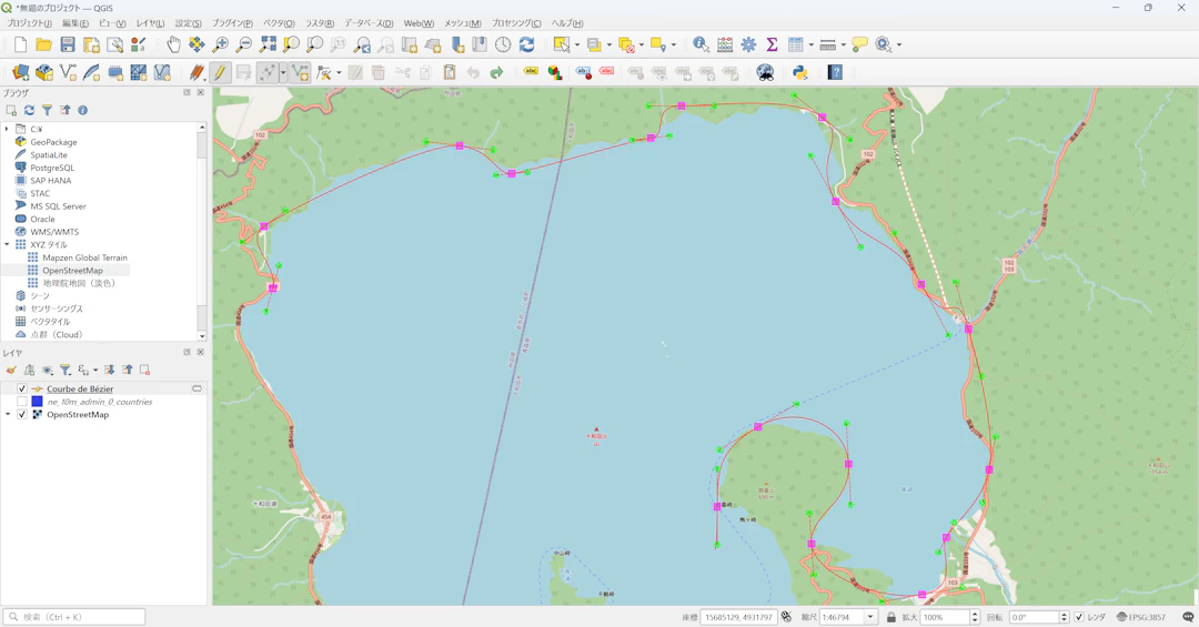 ベジェ曲線でライン地物の作成