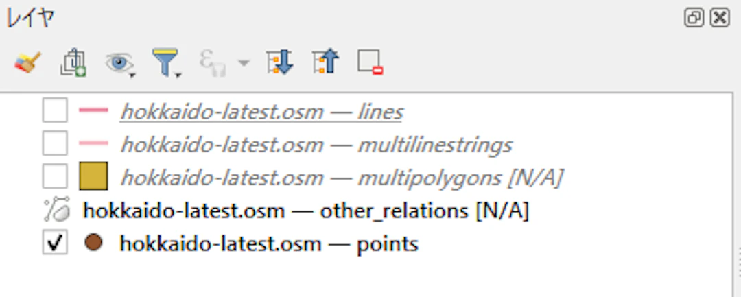 pointsとmultipolygonsレイヤのみ表示するように設定したレイヤパネル