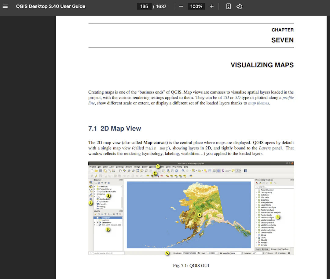 QGISも公式でマニュアルを出しているが、1637ページ…。機能の多さがわかる。(https://docs.qgis.org/3.40/pdf/en/QGIS-3.40-DesktopUserGuide-en.pdf より引用)