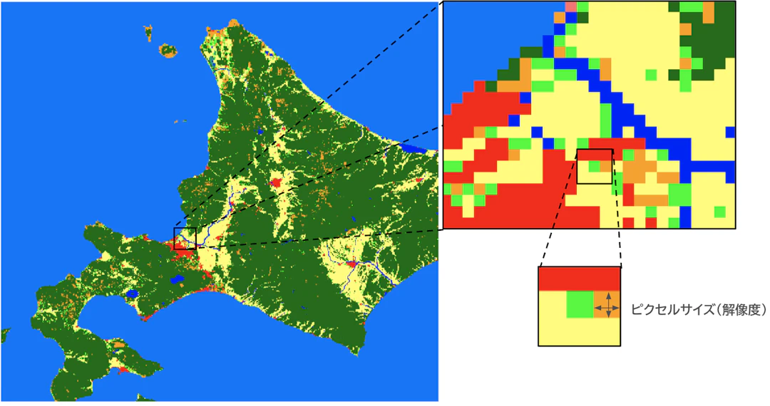 ラスタデータは格子状に並んだピクセルで校正されている（地球地図日本（国土地理院）を加工して作成）