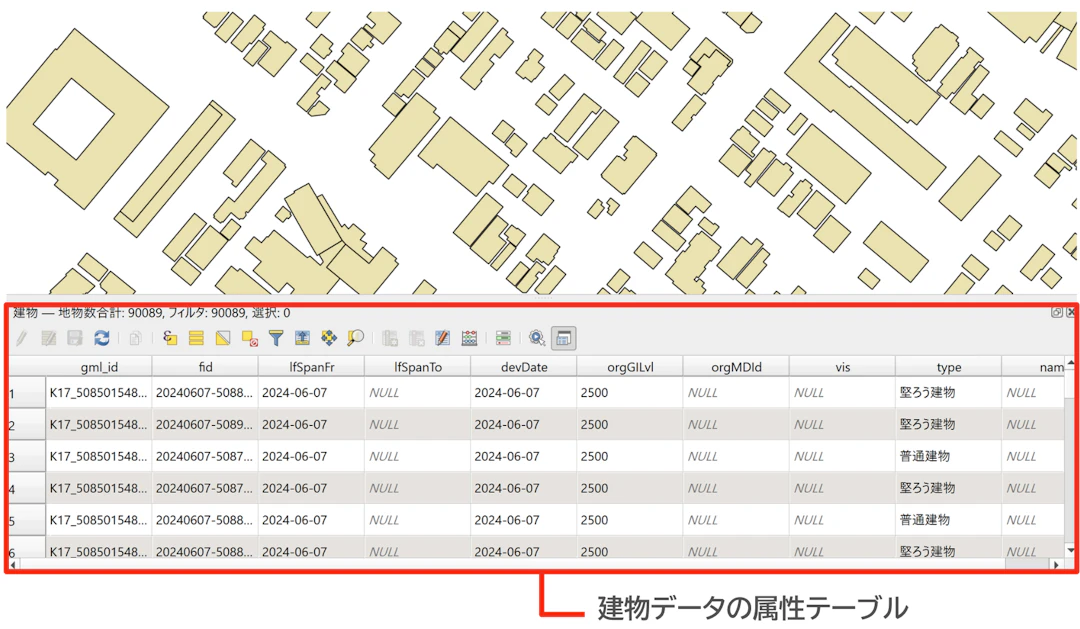 QGISで属性テーブルを表示した様子（基盤地図情報（国土地理院）を加工して作成）