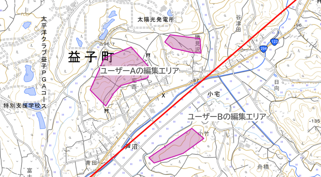 各ユーザーに異なる担当エリアを割り当てる(地理院タイルを加工して作成)