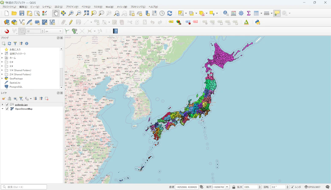 行政界データを使って地図を作成（OpenStreetMapを背景に、地球地図日本（国土地理院）を加工して作成（©︎OpenStreetMap contributors））