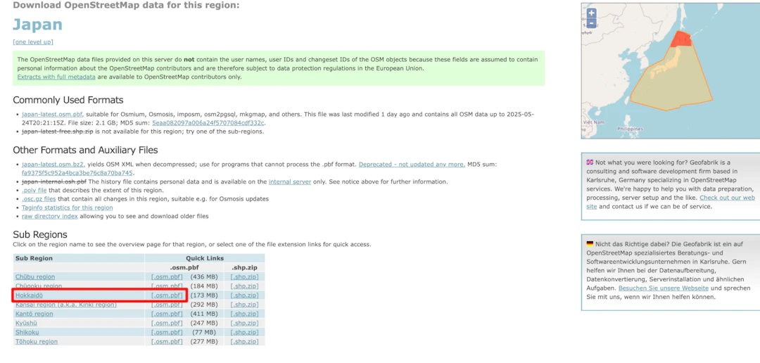 「Sub Regions」の表からHokkaidoの行を探し、[.osm.pbf]をクリックする