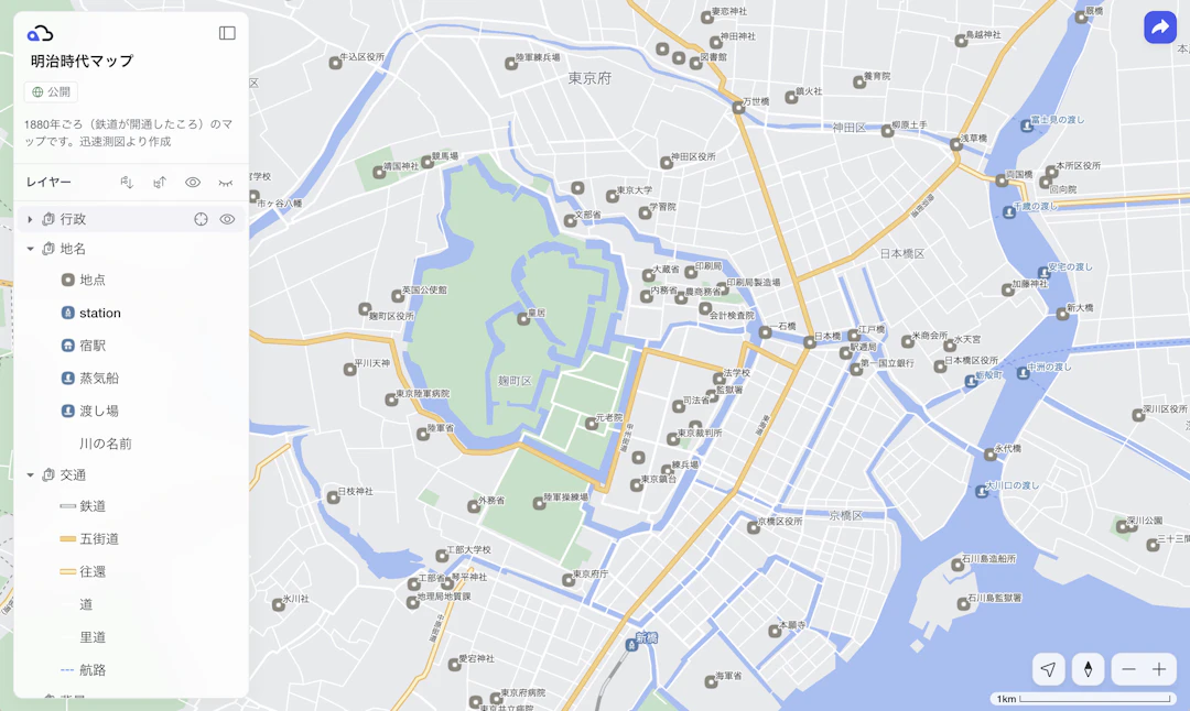 Kumoyでアイコン機能を使用して作成したマップの例（出典：明治時代マップ）